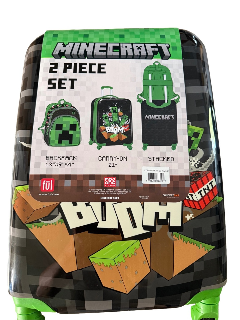 Kids 2-Piece Green Minecraft Creepers Carry On Luggage & Backpack Set